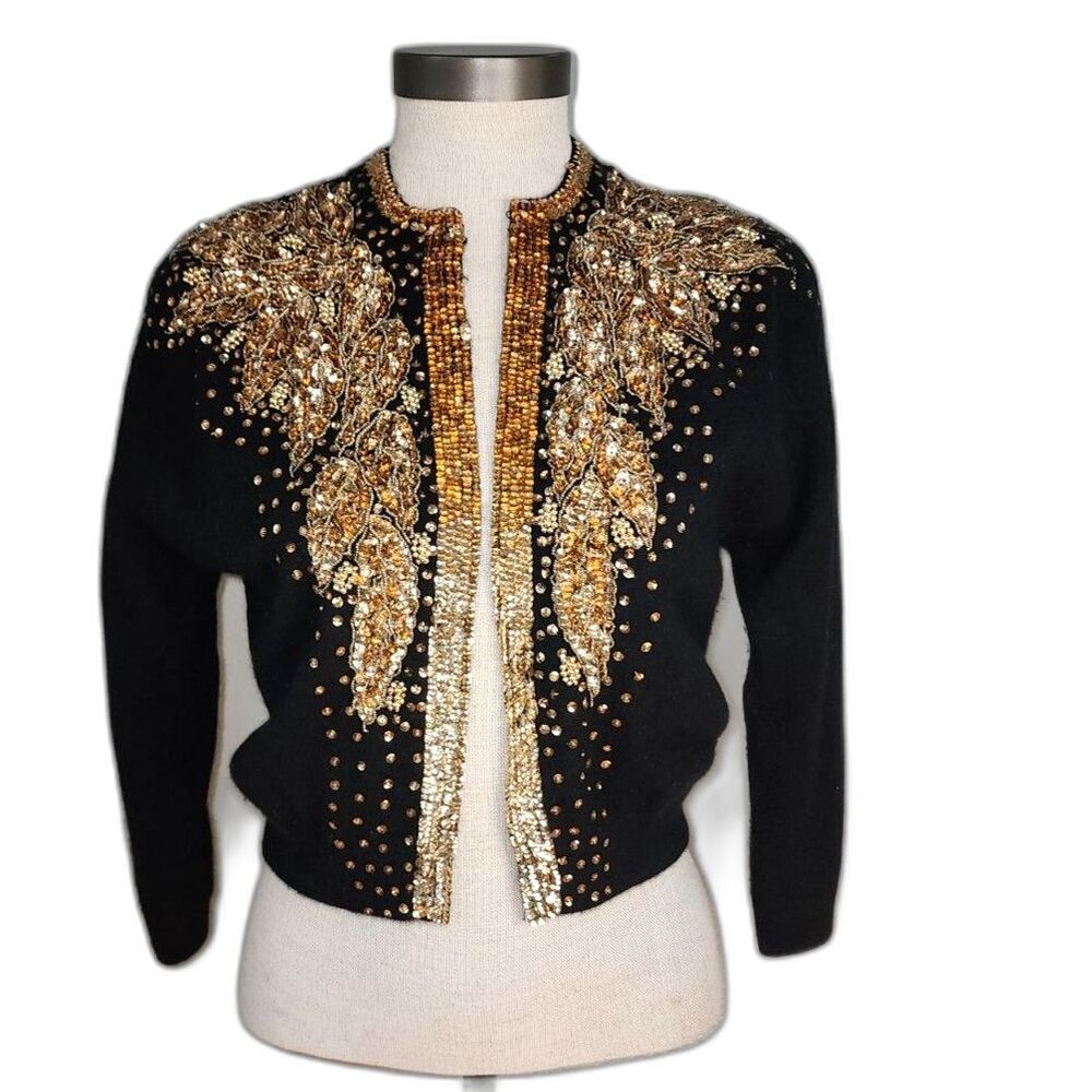 Authentic 1940s DePaul Originals Black Wool Cardigan with Gold Sequins XS-S